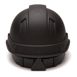 The Pyramex Safety Hydro Dipped Ridgeline Vented Cap Style 4Pt hard hat is shown from the front, featuring a smooth, slightly textured black surface with reinforced ridges and an adjustable band at the base.