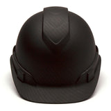 A Pyramex Safety Hydro Dipped Ridgeline Vented Cap Style hard hat, shown from the front and slightly above, featuring a subtle texture, wide brim, matte black finish, and sleek vented design.