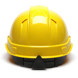 The Pyramex Ridgeline Vented Cap Style 4Pt Ratchet HardHat by Pyramex Safety is a bright yellow, curved hard hat with a black adjustable strap and front view design.