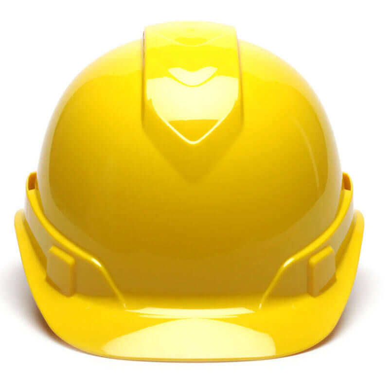 A front view of the Pyramex Safety Ridgeline Vented Cap Style 4Pt Ratchet Hard Hat shows its bright yellow, glossy finish and short brim design.