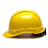 The Pyramex Ridgeline Vented Cap Style 4Pt Ratchet HardHat by Pyramex Safety is shown in bright yellow from a side profile against a white background.