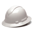 A Pyramex Ridgeline Full Brim Hard Hat from Pyramex Safety, with a smooth, glossy finish, is set against a plain white backdrop. It includes side slots for attachments and a ratchet suspension system, making it perfect for durable head protection in construction and industrial settings.