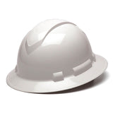 A Pyramex Ridgeline Full Brim Hard Hat from Pyramex Safety, with a smooth, glossy finish, is set against a plain white backdrop. It includes side slots for attachments and a ratchet suspension system, making it perfect for durable head protection in construction and industrial settings.