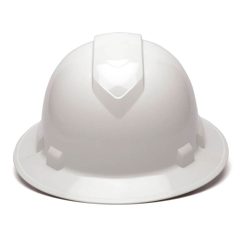 A white Pyramex Safety Ridgeline Full Brim Hard Hat (12/Box) with a ratchet suspension is shown from the front against a plain background.