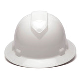 A white Pyramex Safety Ridgeline Full Brim Hard Hat (12/Box) with a ratchet suspension is shown from the front against a plain background.