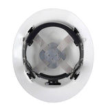 Top view of the Pyramex Ridgeline Full Brim Hard Hat by Pyramex Safety, displaying its internal suspension system with gray straps, a black adjustable headband, and a ratchet design. Available in boxes of 12.