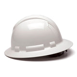 A Pyramex Safety Ridgeline Full Brim Hard Hat (12/Box) with ratchet suspension, made for superior head protection, rests on a white surface.