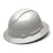 A Pyramex Safety Hydro Dipped Ridgeline Full Brim Hard Hat in shiny white graphite pattern is angled on a white background, displaying its durable design and all-around brim.