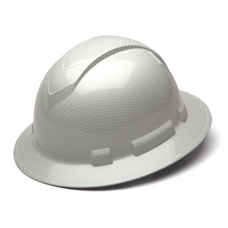 A Pyramex Safety Hydro Dipped Ridgeline Full Brim Hard Hat in shiny white graphite pattern is angled on a white background, displaying its durable design and all-around brim.