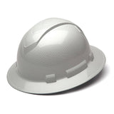 A Pyramex Safety Hydro Dipped Ridgeline Full Brim Hard Hat in shiny white graphite pattern is angled on a white background, displaying its durable design and all-around brim.