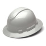 A Pyramex Safety Hydro Dipped Ridgeline Full Brim Hard Hat in shiny white graphite pattern is angled on a white background, displaying its durable design and all-around brim.