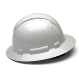 Introducing the Pyramex Hydro Dipped Ridgeline Full Brim Hard Hat, featuring a white textured surface and a wide brim for enhanced protection. This hard hat presents a sleek, modern design that effectively reduces shadows from overhead lighting. Complying with ANSI Z89.1-2014 standards, it includes ratchet suspension to offer superior comfort and adjustability.