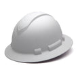 The Pyramex Safety Hydro Dipped Ridgeline Full Brim Hard Hat, showcased on a plain backdrop, emphasizes its textured exterior and robust, protective design complete with ratchet suspension, fully compliant with ANSI Z89.1-2014 standards.