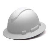 The Pyramex Safety Hydro Dipped Ridgeline Full Brim Hard Hat, showcased on a plain backdrop, emphasizes its textured exterior and robust, protective design complete with ratchet suspension, fully compliant with ANSI Z89.1-2014 standards.