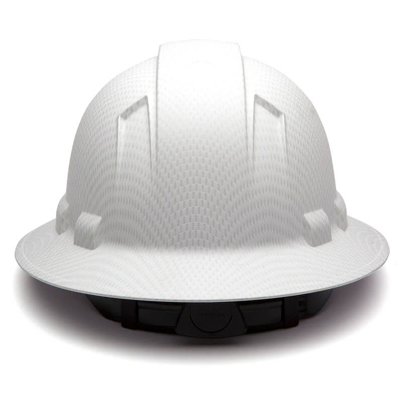 A Pyramex Safety Hydro Dipped Ridgeline Full Brim Hard Hat, shown from the front with a textured white surface, features a wide brim and adjustable black interior fitting.