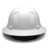 A Pyramex Safety Hydro Dipped Ridgeline Full Brim Hard Hat, shown from the front with a textured white surface, features a wide brim and adjustable black interior fitting.