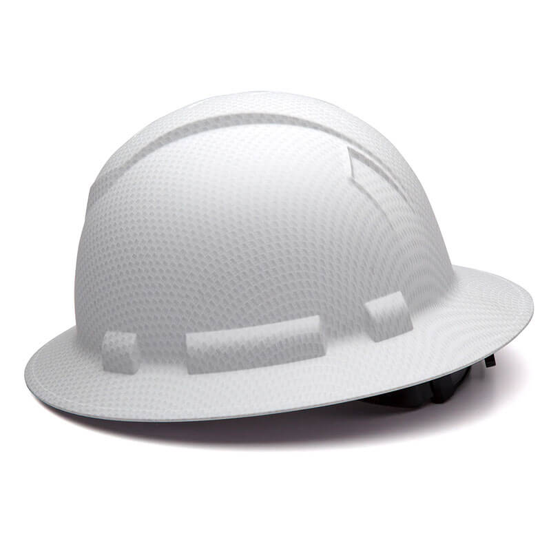 The Pyramex Safety Hydro Dipped Ridgeline Full Brim Hard Hat (12/Case) in white features a wide brim, textured surface, visible strength ridges, and ratchet suspension for a secure and protective fit. Shown on a white background.