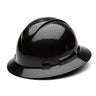 The Pyramex Safety Hydro Dipped Ridgeline Full Brim Hard Hat, available in glossy black, boasts a sleek and reflective surface ideal for construction safety. It features ANSI Z89.1-2014 compliance, two side slots for attaching accessories, and a ratchet suspension system to ensure superior comfort and fit.