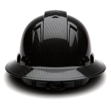 The Pyramex Safety Hydro Dipped Ridgeline Full Brim Hard Hat (12/Case) is shown from the front, featuring a glossy black carbon fiber pattern, wide brim, and ratchet suspension.