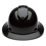 A Pyramex Safety Hydro Dipped Ridgeline Full Brim Hard Hat with a glossy carbon fiber finish is shown from the front on a white background. This black hard hat features a wide brim and is available in cases of 12.