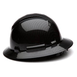 A Pyramex Safety Hydro Dipped Ridgeline Full Brim Hard Hat (12/Case) with a glossy carbon fiber finish is displayed on a white background, featuring ventilation ridges, a wide brim, and meeting ANSI Z89.1-2014 standards.