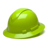The Pyramex Safety Ridgeline Full Brim Hard Hat, available in a vibrant lime green with a glossy finish, features a full brim and ridged design for enhanced protection. It comes equipped with an adjustable ratchet suspension to ensure a comfortable fit.