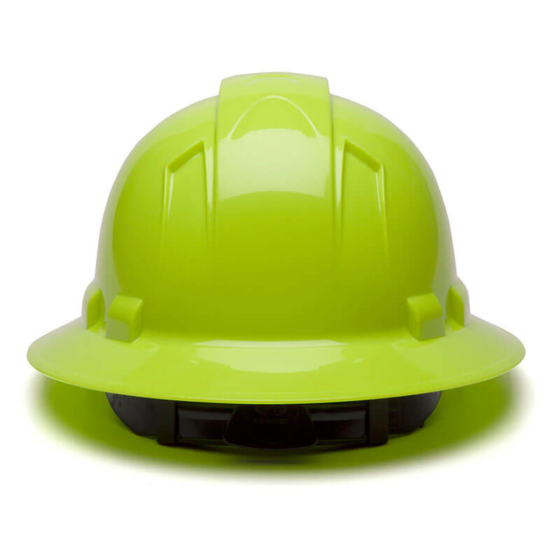 The Pyramex Ridgeline Full Brim Hard Hat by Pyramex Safety, in bright yellow-green with ratchet suspension, is shown from the front on a white background.