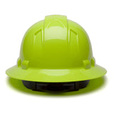 The Pyramex Ridgeline Full Brim Hard Hat by Pyramex Safety, in bright yellow-green with ratchet suspension, is shown from the front on a white background.