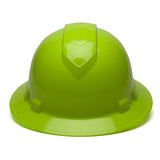 A bright green Pyramex Safety Ridgeline Full Brim Hard Hat (12/Box) with a smooth, shiny finish is shown from the front against a white background.