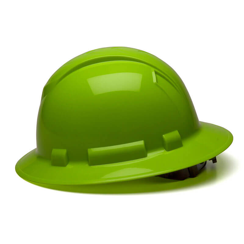 The Pyramex Safety Ridgeline Full Brim Hard Hat (12/Box) features a bright green color, wide brim, and ratchet suspension, shown against a white background.