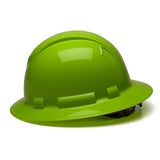 The Pyramex Safety Ridgeline Full Brim Hard Hat (12/Box) features a bright green color, wide brim, and ratchet suspension, shown against a white background.