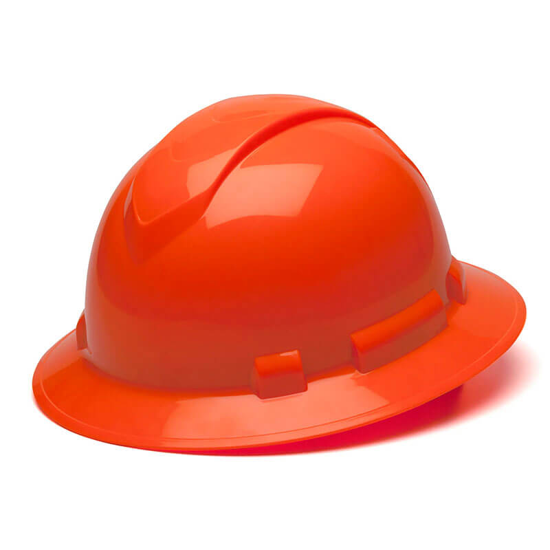 The Pyramex Safety Ridgeline Full Brim Hard Hat (12/Box) features a sleek, glossy finish with an all-around brim and a unique front crest, beautifully positioned against a white backdrop. It is designed with ratchet suspension to provide enhanced security and comfort for maximum safety.