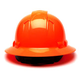 The Pyramex Ridgeline Full Brim Hard Hat by Pyramex Safety in bright orange features a ratchet suspension and is shown facing forward on a white background.