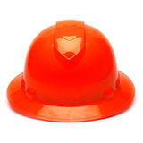 The Pyramex Safety Ridgeline Full Brim Hard Hat (12/Box) features a bright orange, glossy finish and a comfortable ratchet suspension, ideal for head protection in construction or industrial settings. Shown front view on white background.