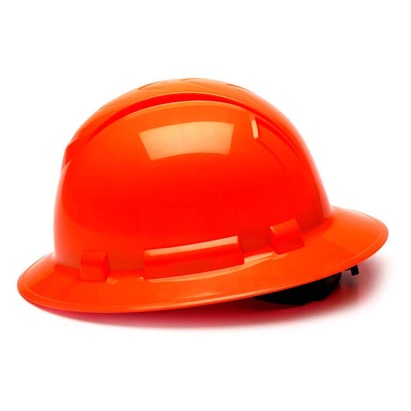 An orange Pyramex Safety Ridgeline Full Brim Hard Hat (12/Box) with ratchet suspension is displayed against a white background.