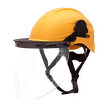 The Pyramex Safety Ridgeline Cap Style Hard Hat Adapter HHABCMR in yellow includes an attached clear face shield and is complemented by black adjustable straps.