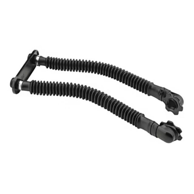 The Honeywell North Backpack Respirator Adapter by NORTH includes a pair of flexible black accordion-style hoses with connectors at each end, specifically designed for easy attachment to welding respirators. These NIOSH-certified hoses are constructed from durable materials and have a ridged surface that allows for flexibility and extension, providing protection against chemical contamination.