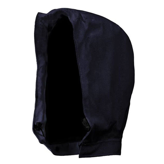 The NSA DRIFIRE HYDROflash FR Foul Weather Hood HYDROFLASHH-N is a black, flame-resistant fabric hood with an open front and no visible fastenings, designed for arc flash protection and shown isolated on a white background.