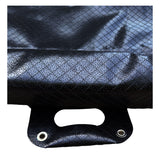 Close-up of a black, textured bag with a reinforced handle and metal grommets. The shiny, crisscross surface resembles that of UltraTech Foam Wall Model Containment Berm - Light-Duty by UltraTech.