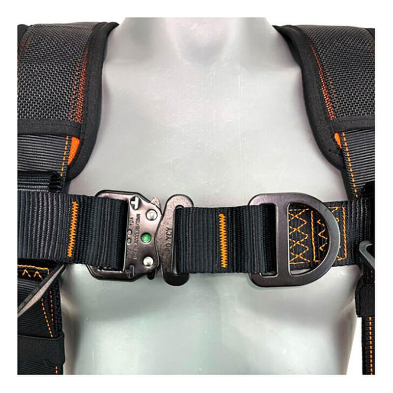 Close-up of the Frontline Fall Protection Frontline Combat Vest Harness, shown on a mannequin. This black vest offers front side D-rings, sturdy straps, orange stitching, a metal buckle, and moisture-wicking material for added comfort.