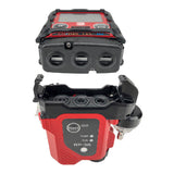 A close-up of the RKI Instruments RP-3R Sample Drawing Pump for GX-3R, a red and black multi-gas detector with an open bottom compartment showing labeled internal controls for confined space entry gas monitoring.