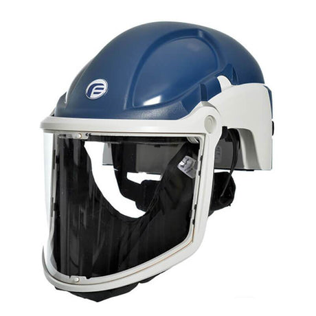 The PureFlo 3000 PAPR Hard Hat PF3000-H2_B-03 by Pureflo features a blue and white industrial safety helmet with a clear face shield, showcasing a sleek, rounded design and logo on the front. NIOSH approved, it is designed for maximum protection and comes equipped with adjustment straps inside for a snug fit.