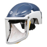 The PureFlo PF3000-H2_B-03 Hard Hat is a protective blue and white helmet with a clear visor and padded interior, designed to deliver exceptional respiratory protection with maximum comfort. NIOSH approved, it includes a chin guard and an adjustable strap for a secure fit.