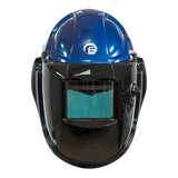 The PureFlo 3000 PAPR Welding Helmet PF3000-H2W_B-03 by Pureflo showcases a glossy blue top with a black face shield, features an auto-darkening viewing screen centrally located, and is compatible with a NIOSH-approved air-purifying respirator for enhanced safety.