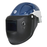 The Pureflo 3000 PAPR Helmet Welding Helmet PF3000-H2W_B-03, by Pureflo, is a blue and black welding helmet approved by NIOSH. It includes a protective visor and adjustable knobs for personalization. Designed to protect the face and eyes during welding tasks, it can also connect with an air-purifying respirator for increased safety.