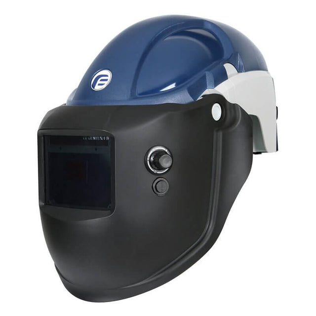 The PureFlo 3000 PAPR Welding helmet, by Pureflo, is available in black and blue. It features a large viewing window and adjustable straps for added comfort. With two control dials on the front for easy settings adjustment, this NIOSH-approved product ensures safety without compromising on convenience.