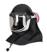 The PureFlo ESM+ PF60 PAPR Helmet PR05801-_-0_1 by Pureflo is a respiratory helmet equipped with a protective hood, clear face shield, and a black head covering. It features an HE P-100 filter canister in pink and white positioned on the side. Additionally, the design includes a black fabric drape that extends below the neck area, enhancing safety with its Powered Air Purifying Respirator (PAPR) system.