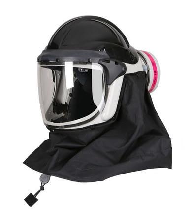 Introducing the PureFlo ESM+ PF60 PAPR Helmet PR05801-_-0_1 by Pureflo, a high-performance protective respiratory helmet equipped with a clear visor and black hood. It includes an attached HE P-100 filter for optimal protection. Designed for use in hazardous environments, this helmet features Powered Air Purifying Respirator (PAPR) capabilities to ensure both safety and comfort.