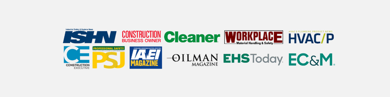 Logos of various companies including ISHN, Construction Business Journal, Cleaner, Workplace HVAC/P, Oilman Magazine, EHS Today, and EC&M on a white background.
