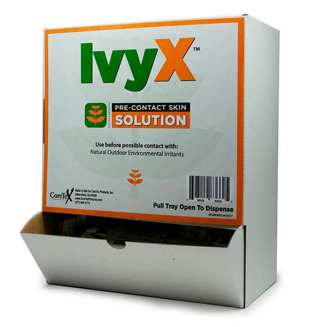 The Coretex IvyX Pre-Contact Skin Solution by PK Safety Supply provides dependable protection against natural outdoor irritants, such as poison ivy. The product's predominantly white packaging, featuring orange and green text, includes a handy dispensing slot at the bottom, highlighting its function as a barrier. It is available in a Wallmount Dispenser format with 50 units per box (Product Code: 83662).